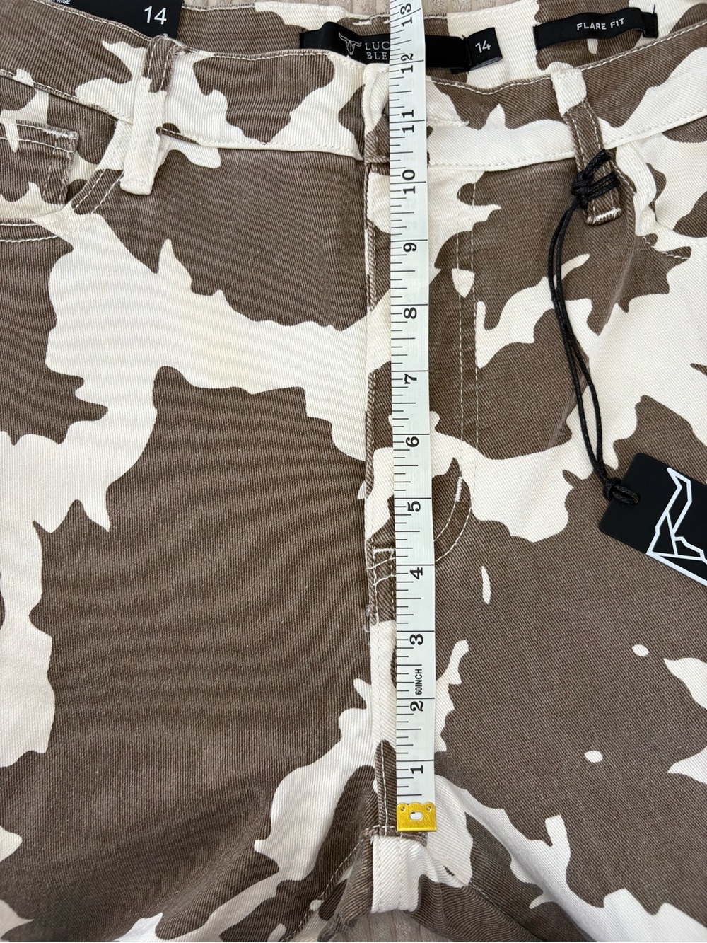 Lucky & Blessed Brown and Cream Cow Print Flare Jeans Size 14 - Picture 4 of 9